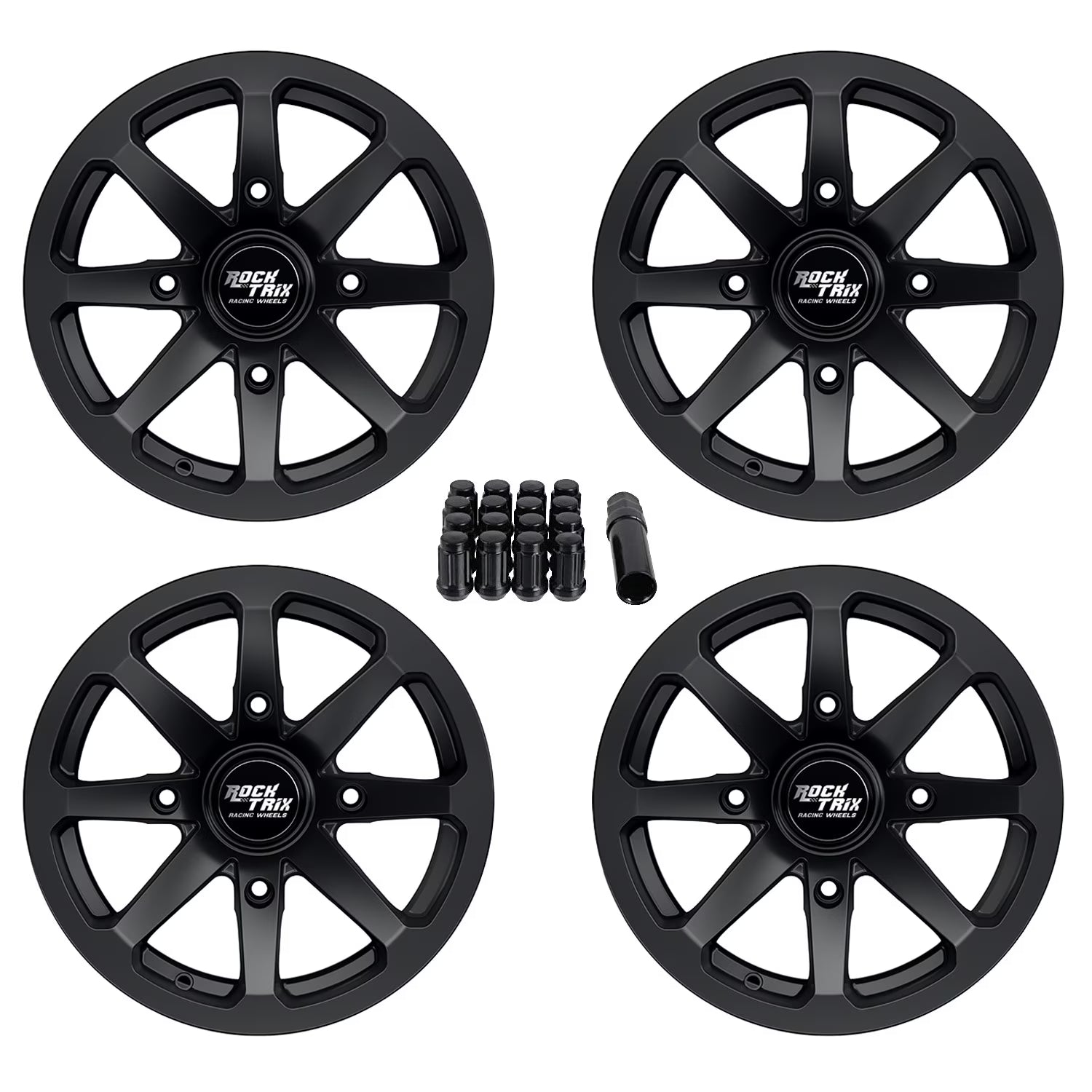 RockTrix RT102 4pc 14in ATV Wheels 4x110 Rims 14x7, 5+2 Offset, Includes 10x1.25 Lug Nuts - Compatible with IRS Honda Kawasaki Yamaha Rubicon Rincon Brute Force Kodiak Grizzly Rhino 4/110 (Set of 4)