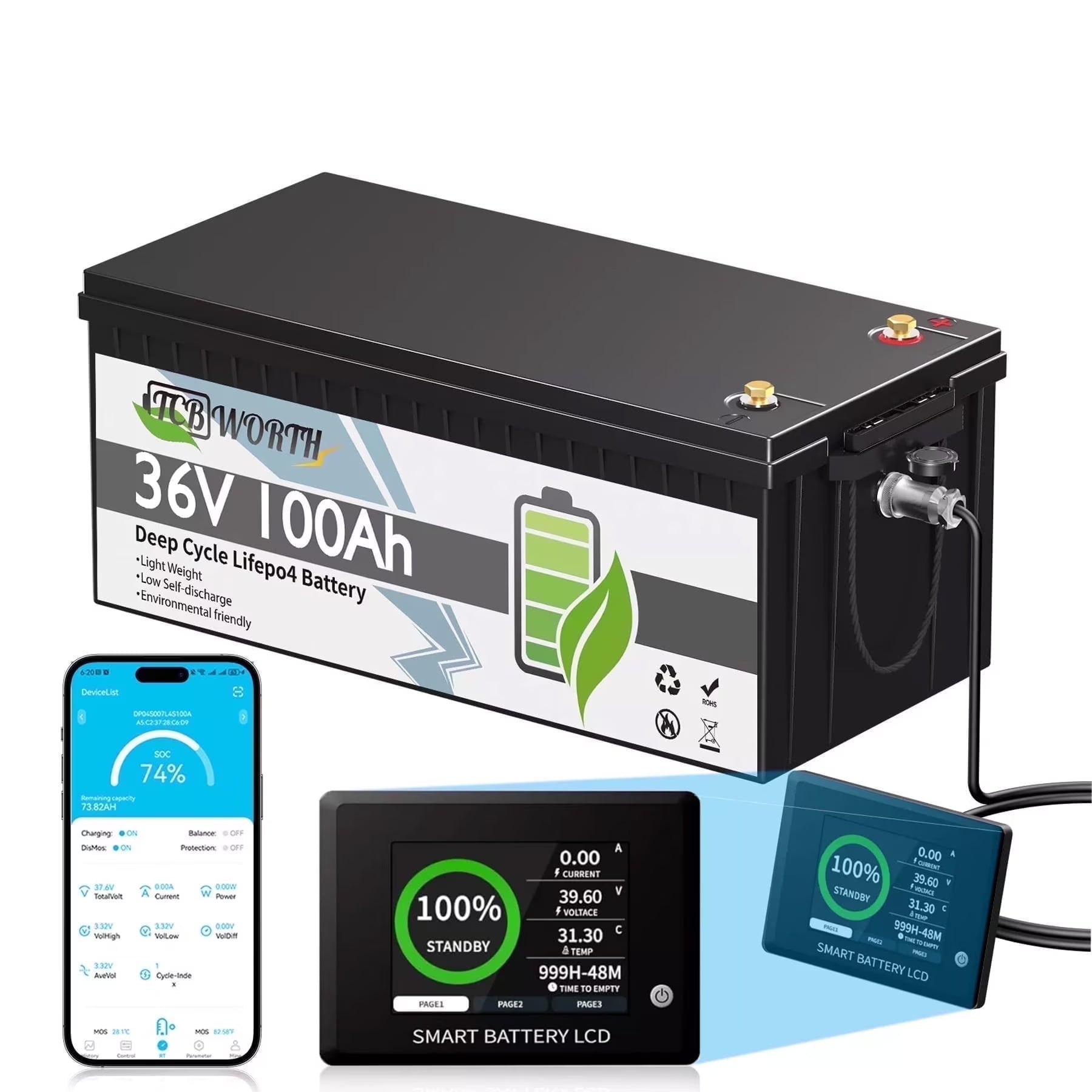 36V 100AH Golf Carts LiFePO4 Battery Bluetooth with Free APP Monitor,38.4V TCBWORTH for RV,Marine,Trolling Motor,Solar,Built in 200A BMS,7.68kW Output