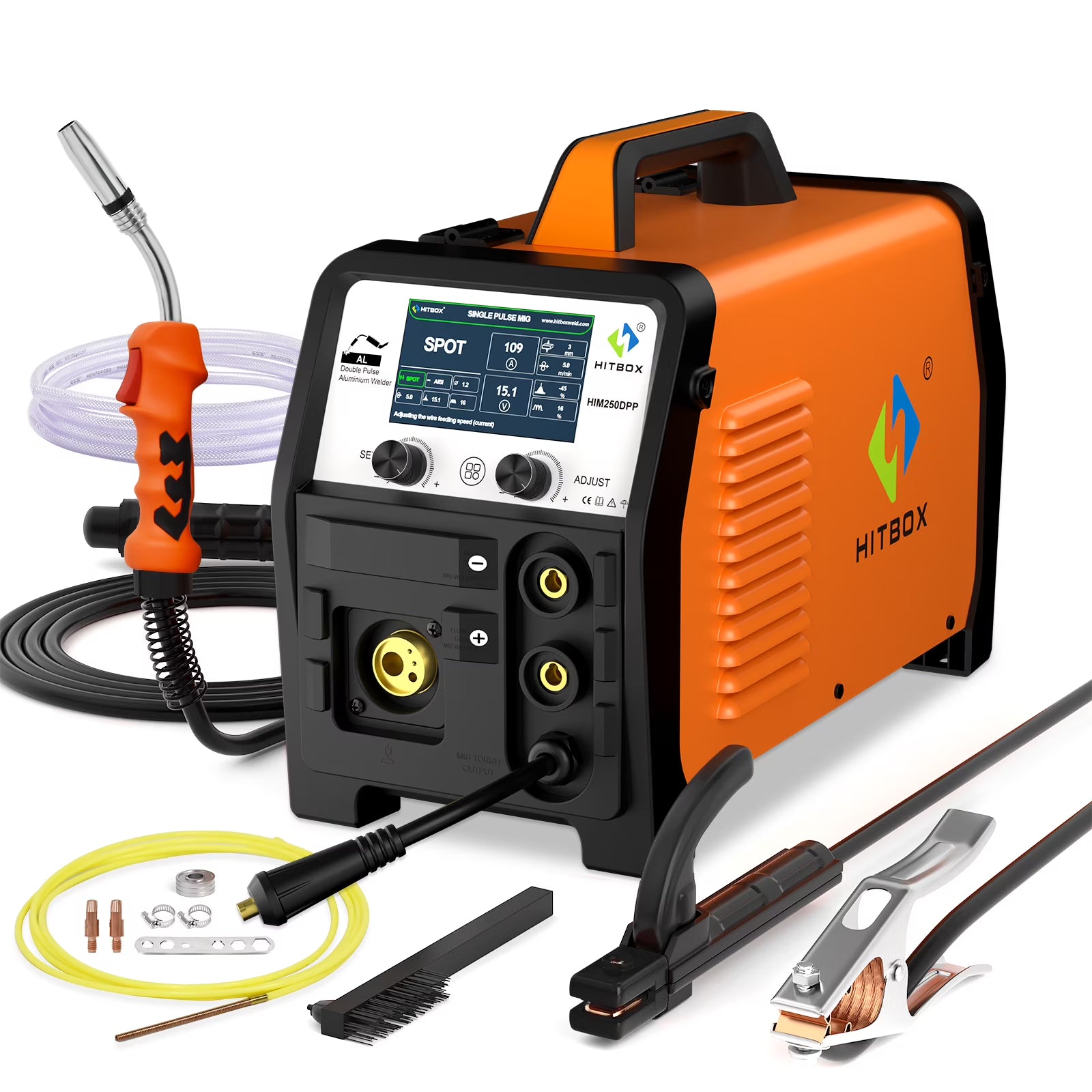 HITBOX Aluminum MIG Welder, 200Amp Dual Pulse MIG Welder 110/220V, Gas /Gasless MIG Lift TIG MMA Stick Welding Machine