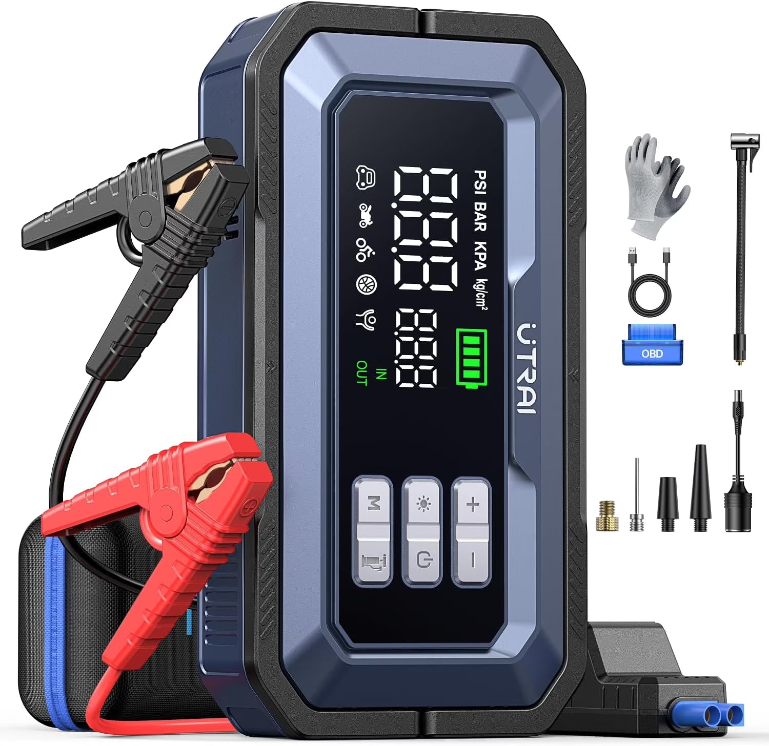 UTRAI 7000A Car Jump Starter with Smart OBD for All Gas and 12V Diesel, 150PSI Car Air Compressor, 18W Quick Charge, LED Spotlight