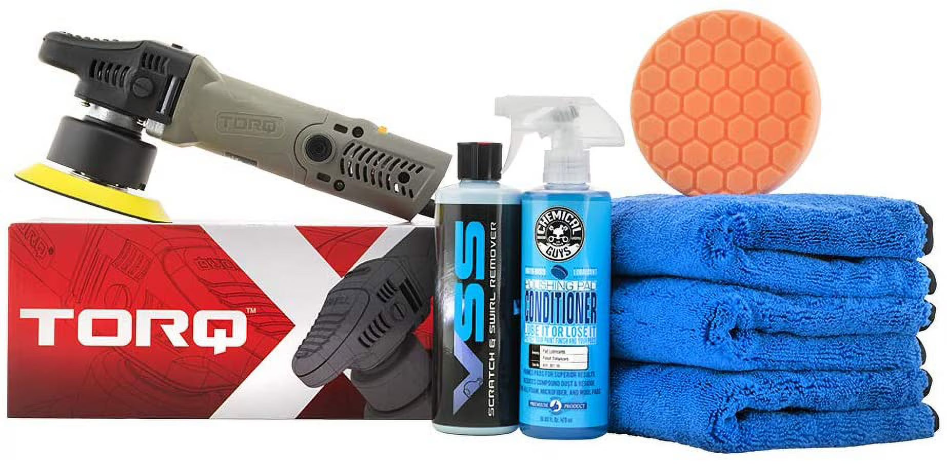 Chemical Guys BUF612 TORQX Random Orbital Polisher, One-Step Scratch & Swirl Removal Kit - 8 Items