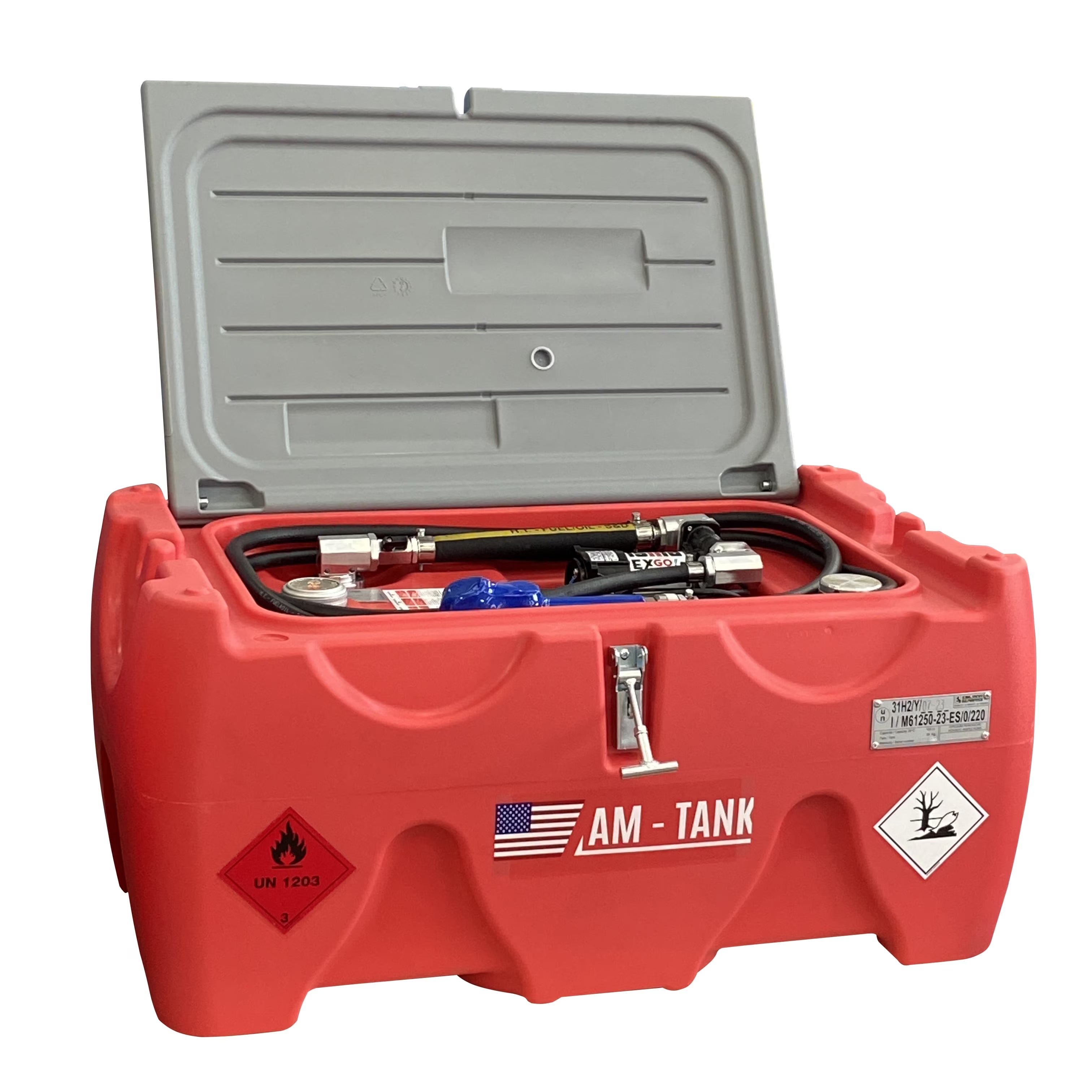 AM-TANK 40-Gallon GAS Portable Low Profile Tank DOT/UN/TC with 12V cUL Listed Explosion-Proof Pump, 13ft Antistatic Hose, and UL Auto-nozzle