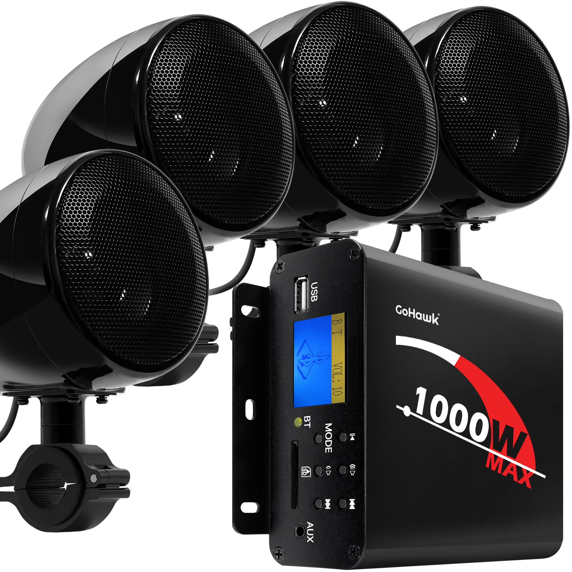 GoHawk 4  Waterproof Motorcycle Bluetooth Speakers Stereo Amplifier Audio System Harley ATV FM Radio