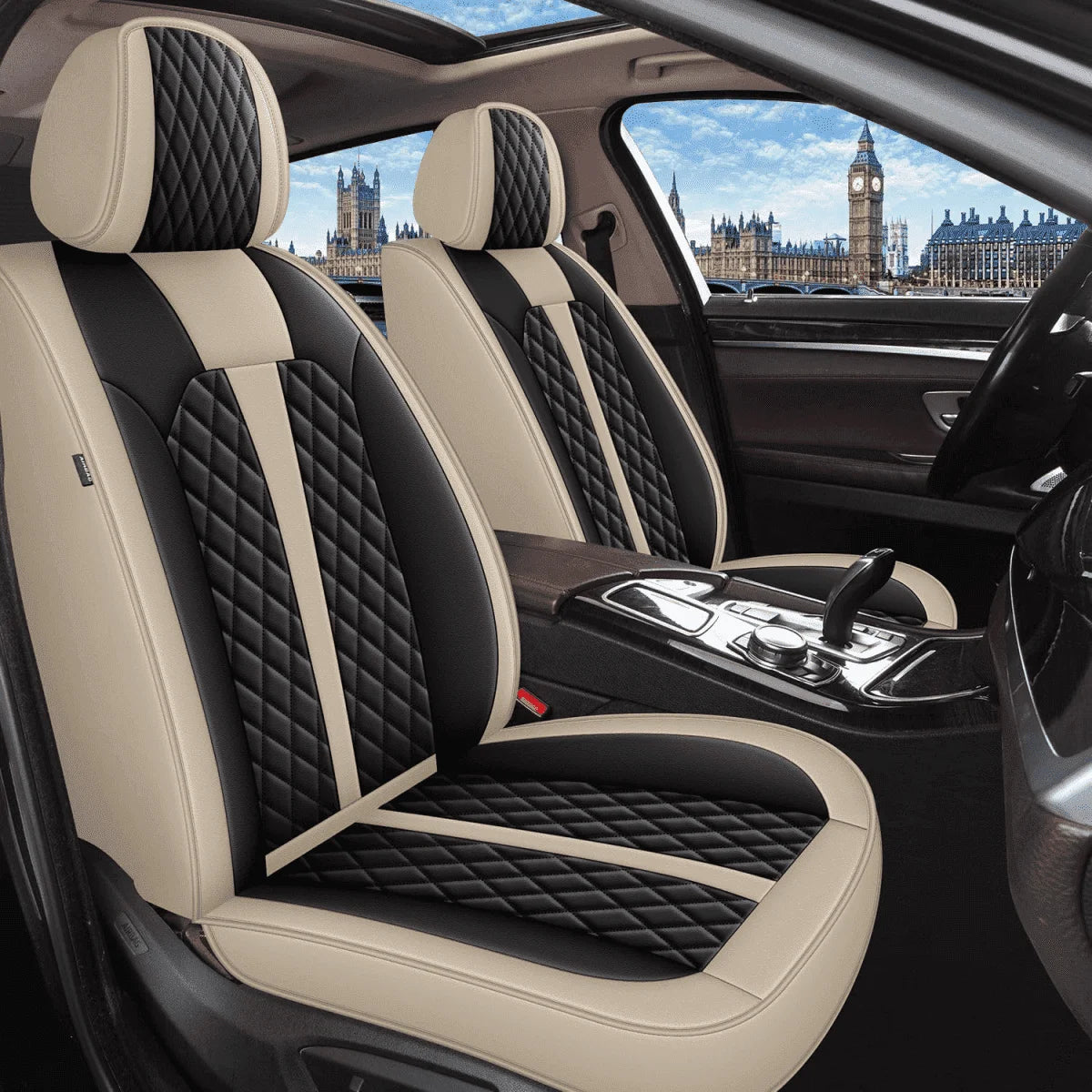 DIKSOAKR Car Seat Covers Full Set Fit for Lincoln MKS 2009-2016: 5 Seat Auto Interior Accessories, Faux Leather Waterproof Car Seat Cushions Vehical Cover (Black&Beige)