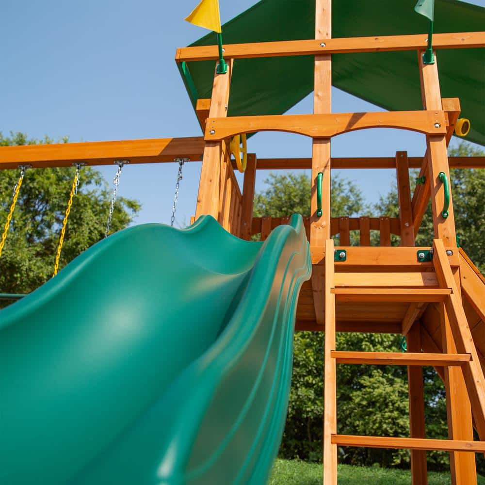 DYI Outing III Wooden Outdoor Playset with Tarp Roof, Rock Wall, Wave Slide, Swings, and Backyard Swing Set Accessories