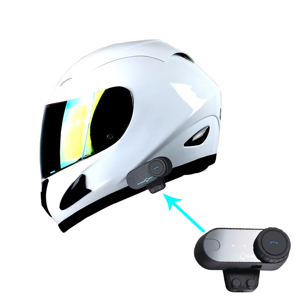 WOW Motorcycle HJM Street Bike Full Face Helmet + Motorcycle Bluetooth Headset: Glossy White