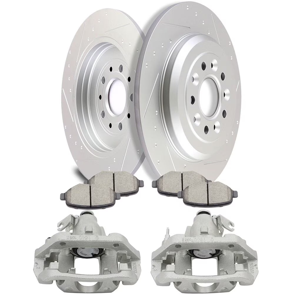 cciyu Rear Brake Kits with Calipers - 4 Dics Rotors 8 Ceramic Pads 4 Calipers With Bracket fit For Ford 2011-2014 For Lincoln 2011-2015 (8PCS)