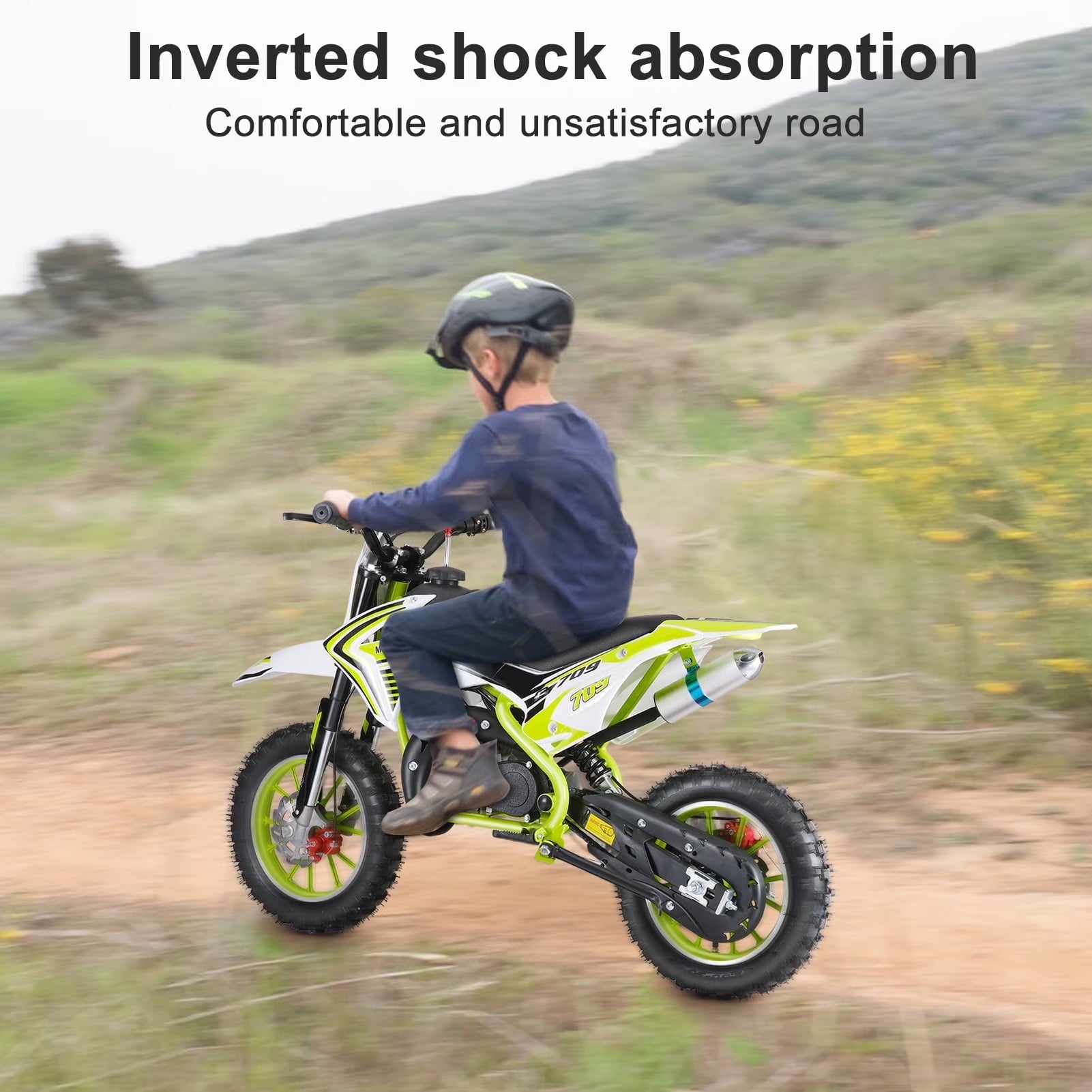 49cc 2-Stroke Kids Dirt Bike, Gas Power Motocross, 25MPH Off Road Mini Motorcycle, Children Pocket Motorbike with Front Rear Disc Brakes (Green)