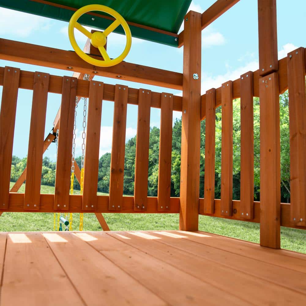 DYI Outing III Wooden Outdoor Playset with Tarp Roof, Rock Wall, Wave Slide, Swings, and Backyard Swing Set Accessories