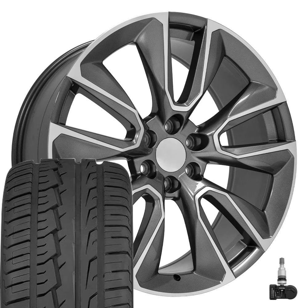OE Wheels CV32 24 Inch Rims and Tires Fit Silverado 1500 Style 6x139.7 24x10 Gloss Gunmetal Machined - Hollander 5916 - iMove Gen2 AS 305/35-24 (Set of 4)