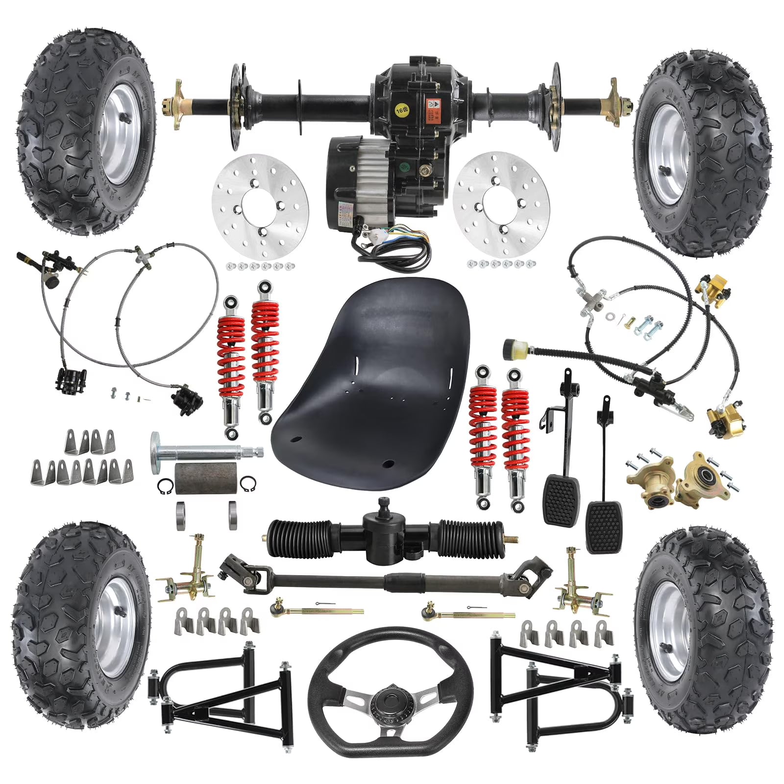 Complete 30  Rear Axle Kit & 6  Wheels & 48V 1000W Motor Differential Kit & Go Cart Seat & Steering Assembly Front Swingarm For Electric Vehicles Go Kart Drift Trike ATV Quad Golf Cart Buggy