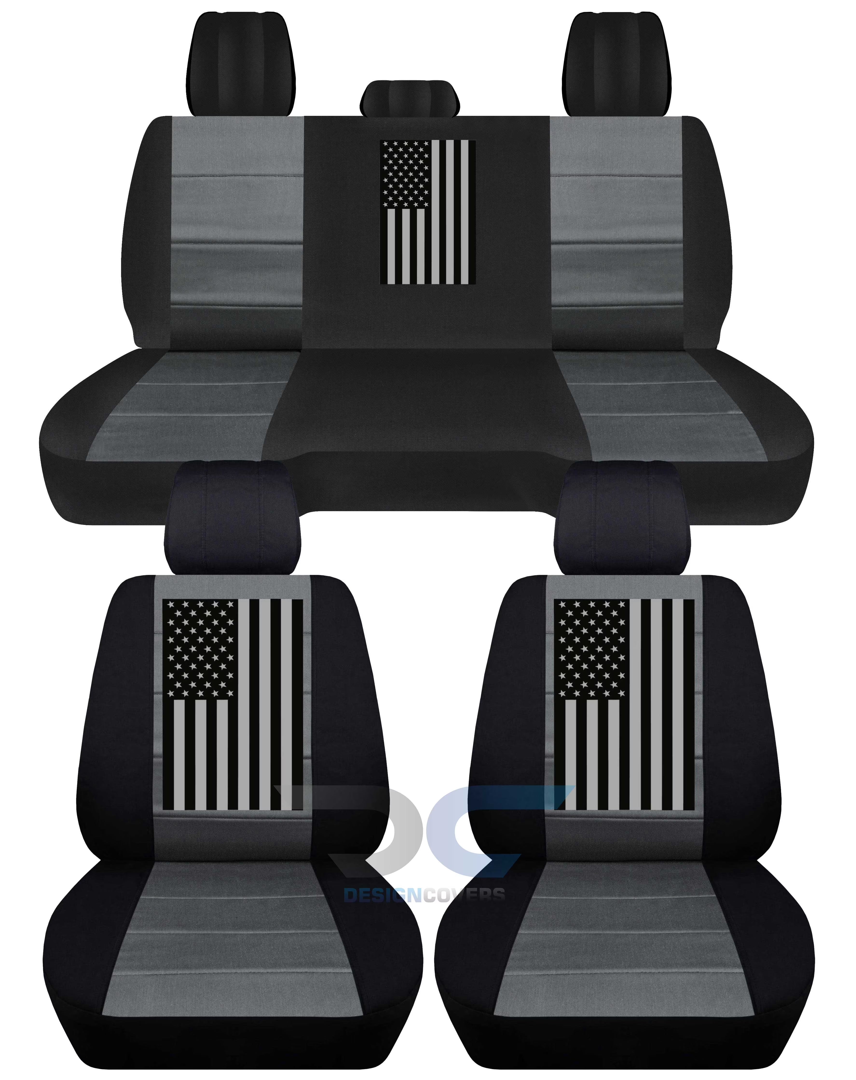 Fits 2012-2018 Dodge Ram w US Flag Cotton Seat Covers Solid Rear:Blk Charc-Full Set