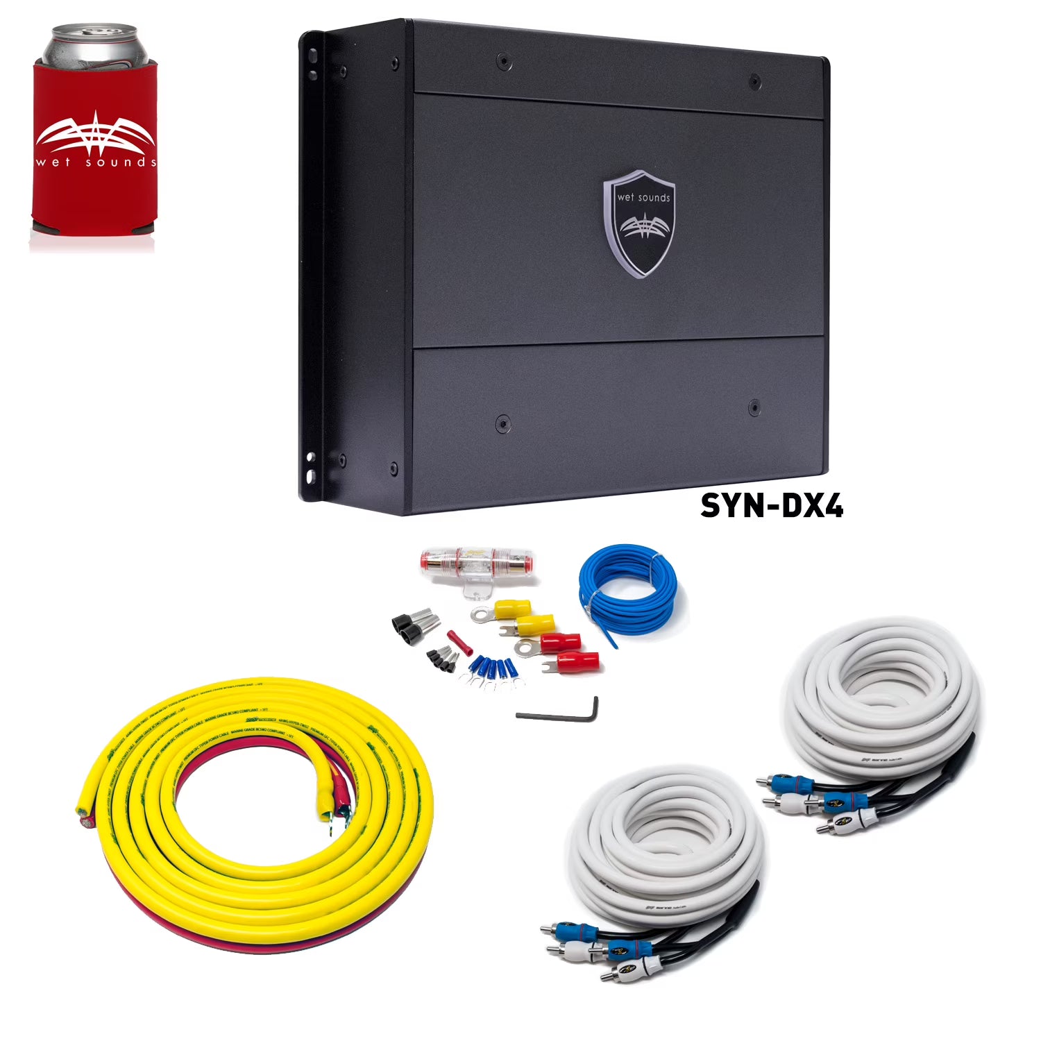Wet Sounds SYN-DX 4 Full Range Class D Amplifier & Stinger 3-Meter 4-Gauge Amplifier Wiring Kit w/ RCAs