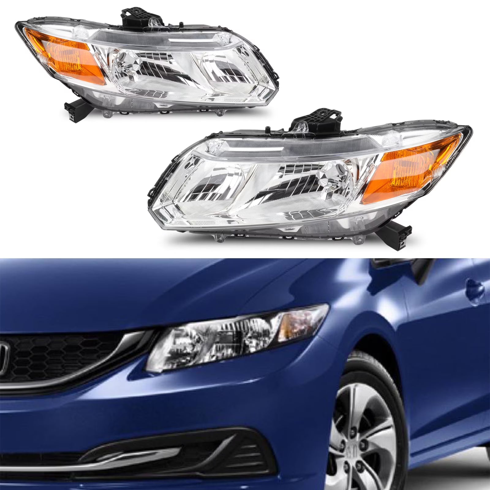 CCIYU headlights assembly For Honda Civic 2012-2015 With protective coating Chrome Housing Amber Reflector Clear Lens