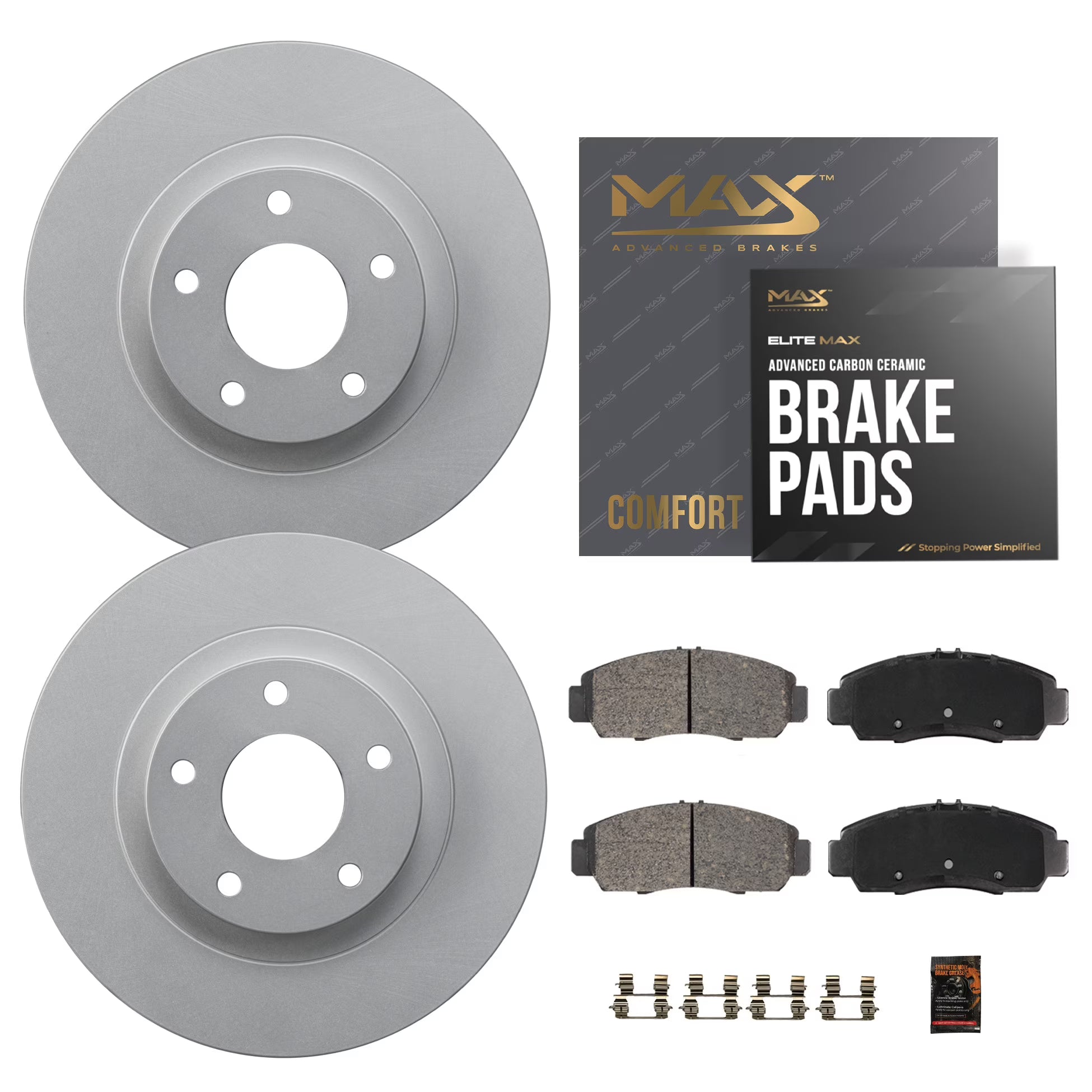 Max Advanced Brakes - Brake Kit for 2018 2019-2021 VW Atlas/Atlas Cross Sport Golf R Arteon Audi Q3 A3 Quattro Rear Replacement Geomet Coated Disc Brake Rotors and Ceramic Brake Pads