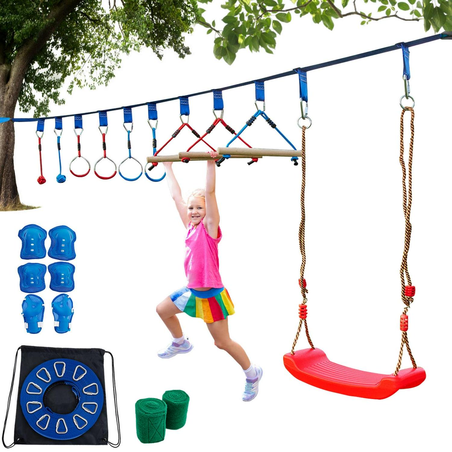 VEVOR Ninja Hanging Obstacle Course Portable 40ft. Slackline Monkey Bar Kit with 11 Swinging Obstacles.1 Climbing Rope. 4 Rings. 3 Monkey Bars - 250lb Capacity Backyard Playground Equipment Swing Set