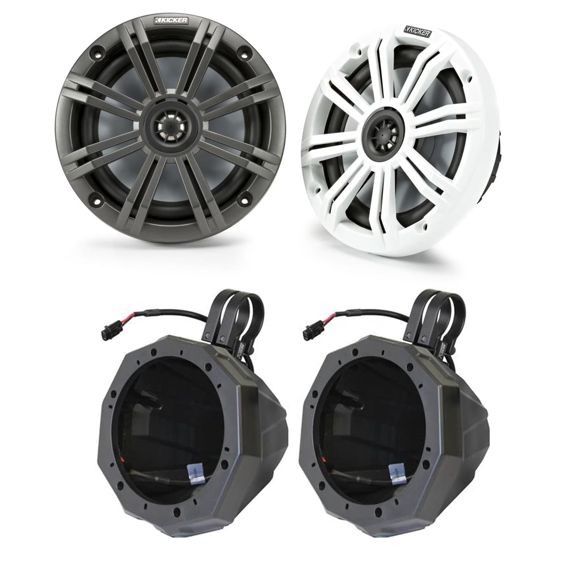 Kicker 45KM654 6.5  Marine Speakers with SSV US2-C65U Universal 6.5-inch Cage Mount Speaker Pods Including 1.85  Dual Clamps
