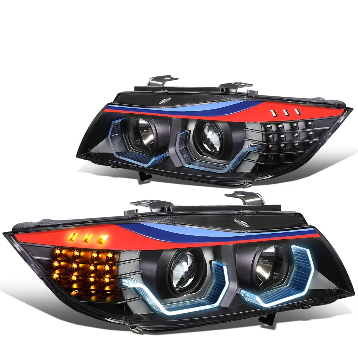 DNA Motoring 3D LED Angle Eye Projector M-Sport Headlights for 2006-2008 BMW E90, Black Housing