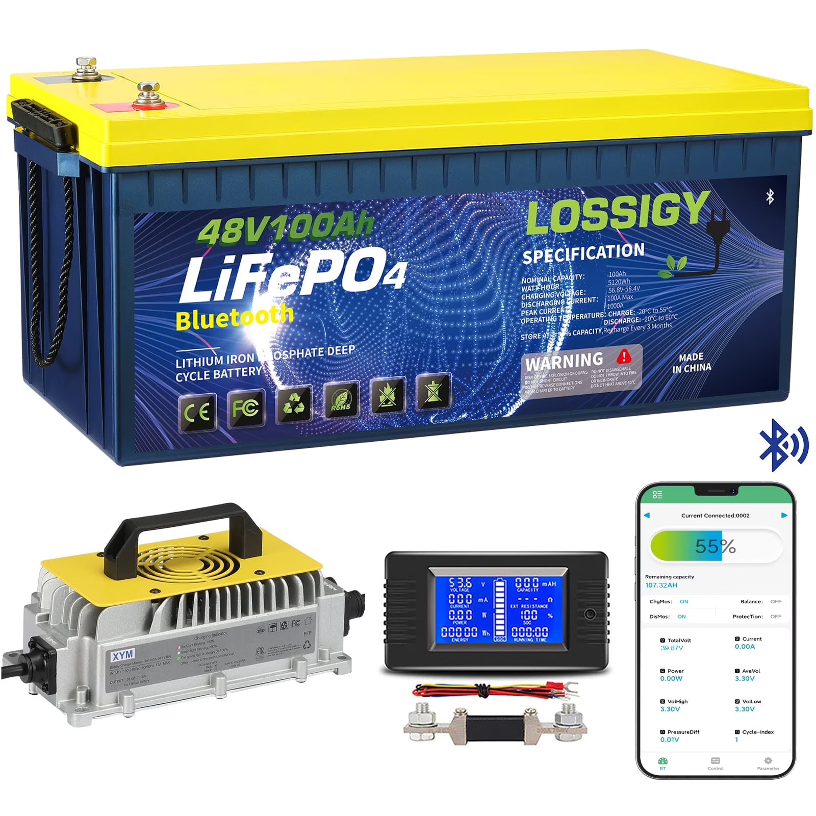 LOSSIGY 48V 100AH LiFePO4 Lithium Golf Cart Battery with 48V18A Charger, Perfect for Solar System, Marine, 5120Wh 5000+ Deep Cycles, Built in BMS with 10 Yrs Lifespan