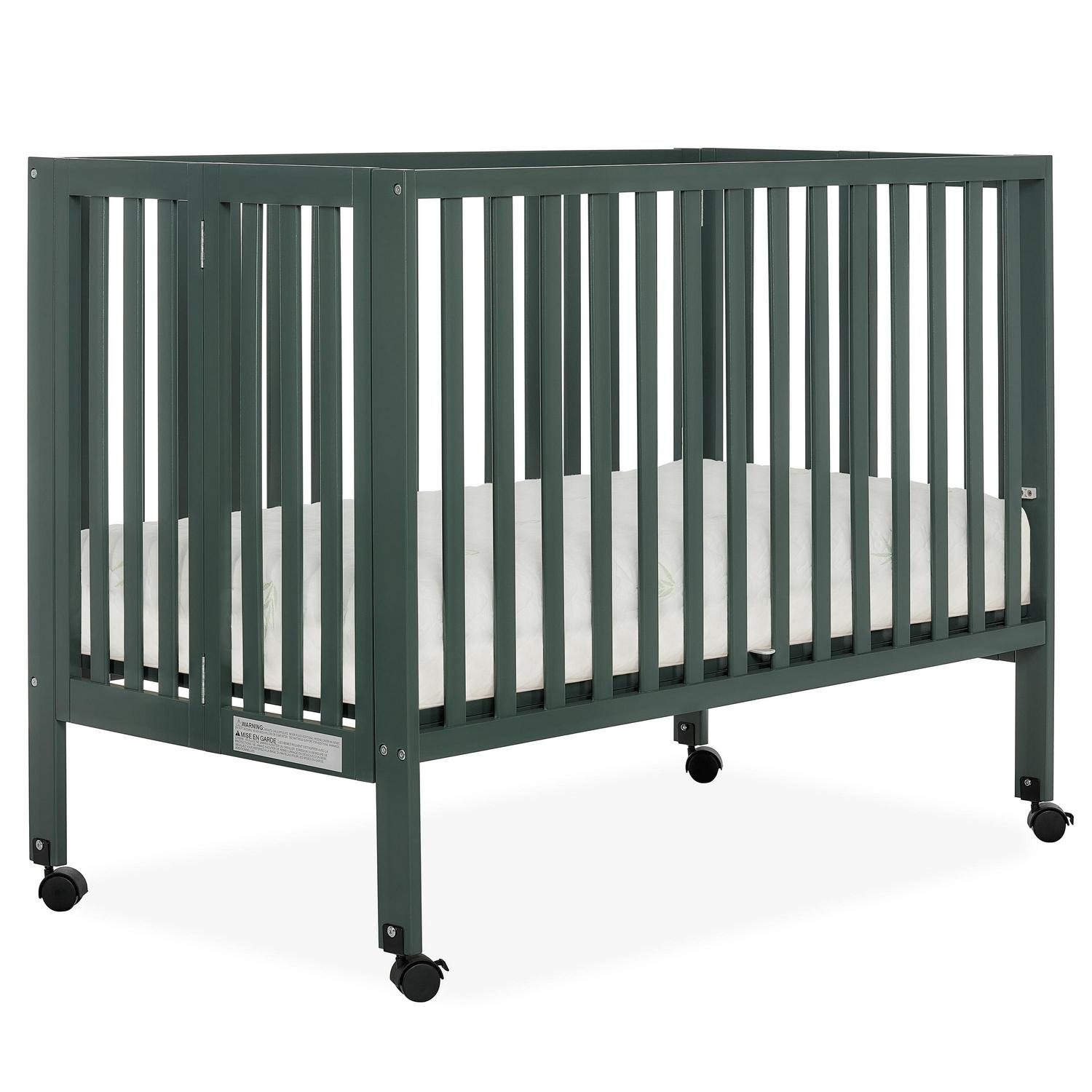 Dream On Me Quinn Full-Size Folding Crib. Removable Wheels. Modern Nursey. Adjustable Mattress Support. Patent Folding System in Olive
