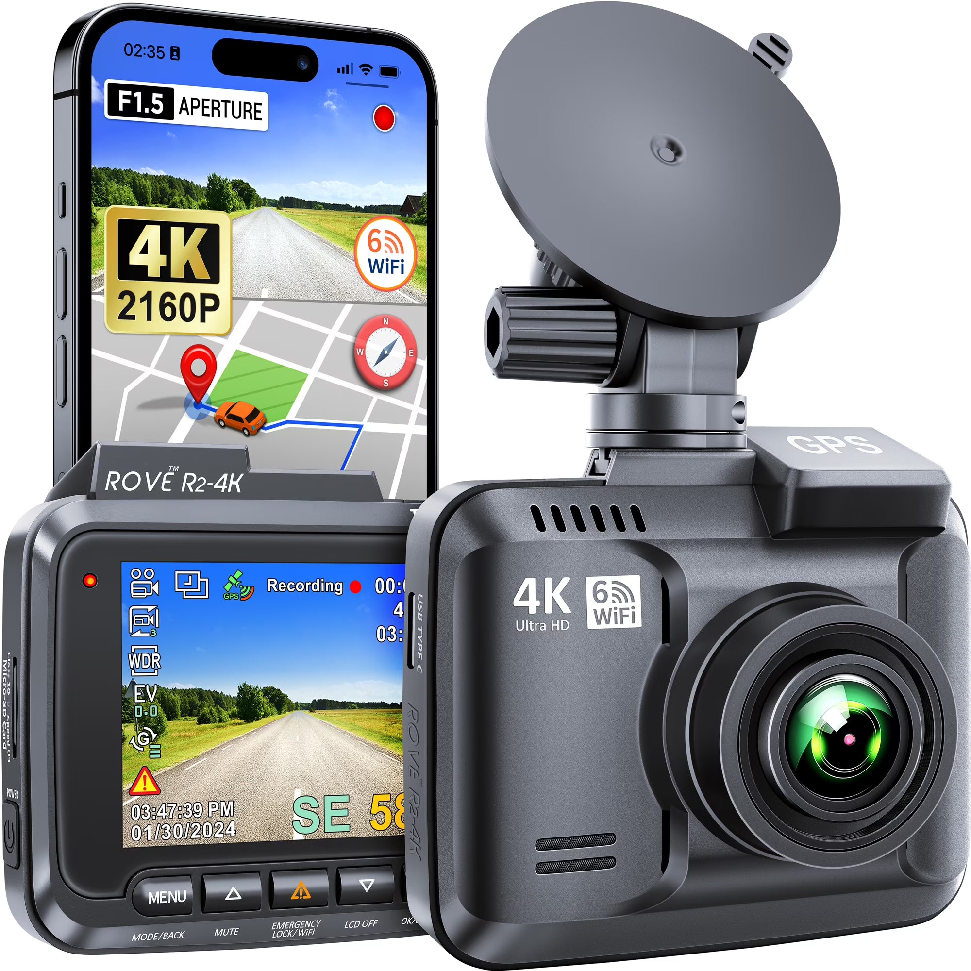 ROVE R2-4K Dash Cam Built-in WiFi 6 GPS Car Dashboard Camera Recorder with UHD 2160P, 2.4  IPS Screen, 150?? Wide Angle, WDR, Night Vision
