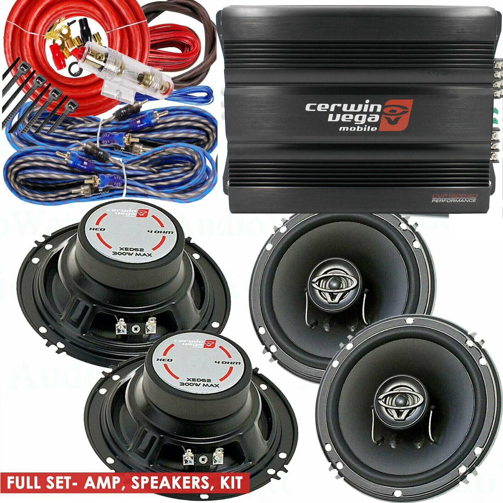 Cerwin Vega CVP1600.4D 1600W Amp + 4x XED62 6.5  600W Speakers + 4-CH Amp Kit