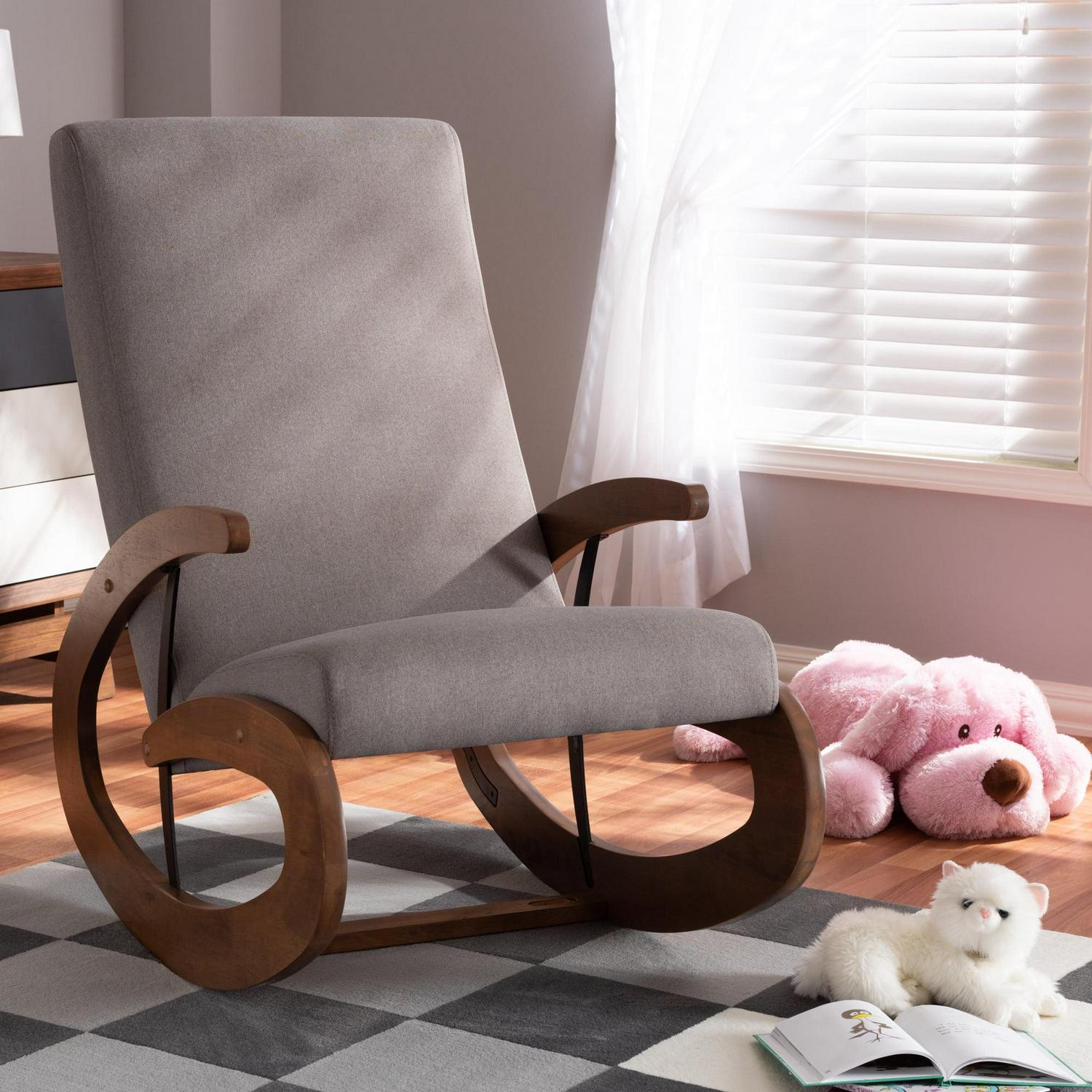 Baxton Studio Kaira Upholstered and Walnut-Finished Wood Rocking Chair. Gray Fabric