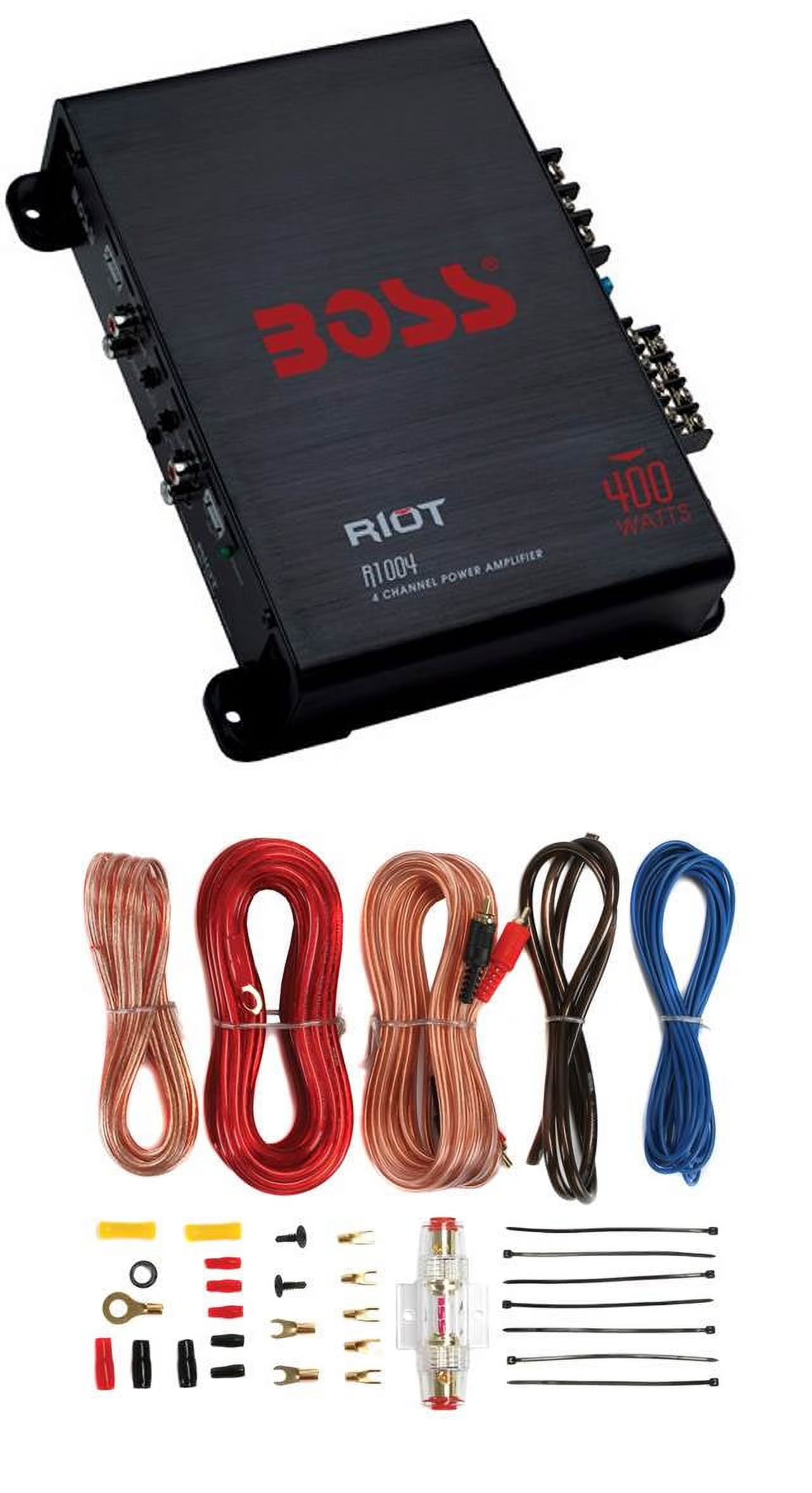 BOSS Audio R1004 Riot 400W 4 Channel Car Power Amplifier Mosfet w/ 8 Ga Amp Kit