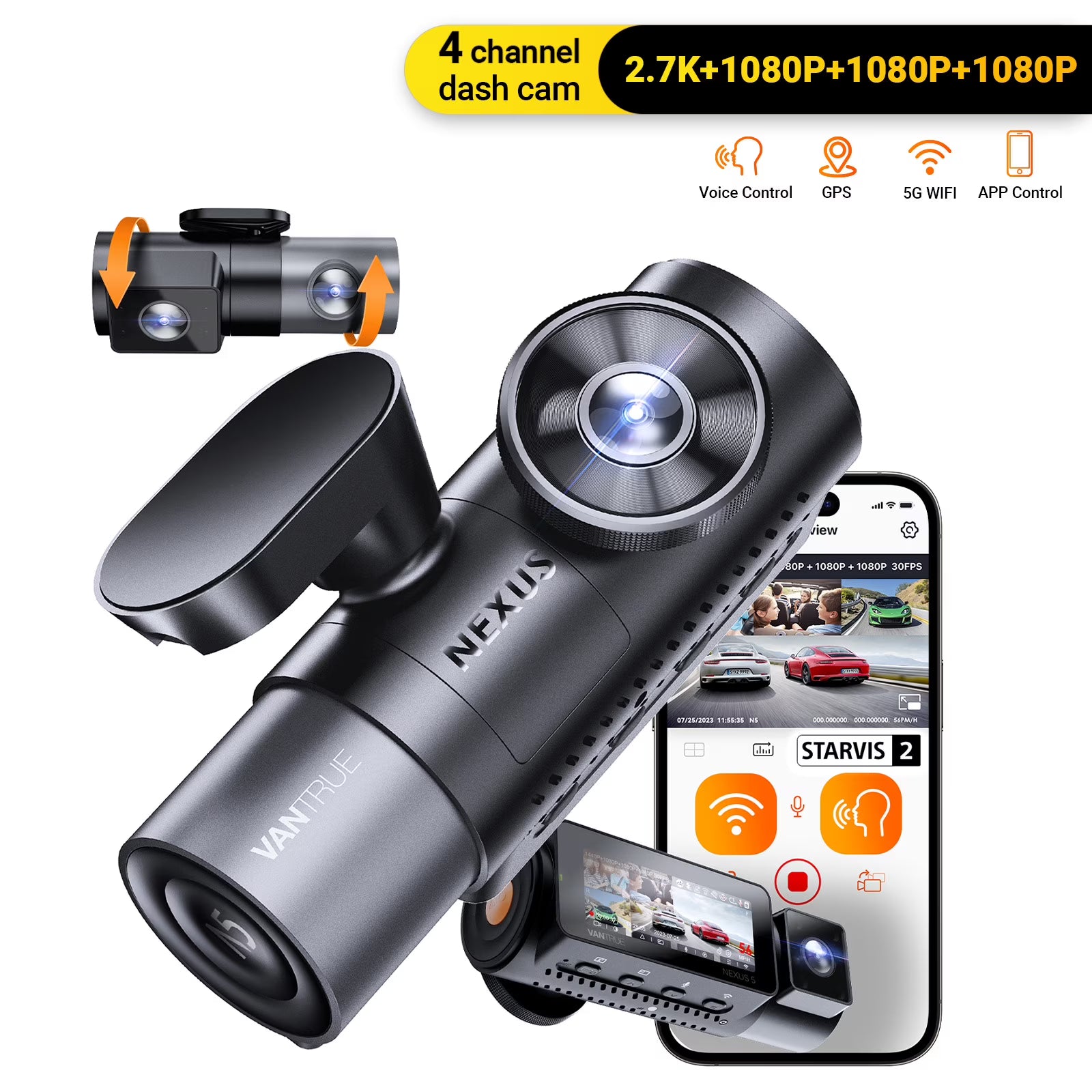 Vantrue Nexus 5 4 Channel WiFi Dash Cam, STARVIS 2 IR Night Vision, 2.7K+1080P*3 Front Rear Inside Dashcam, Voice Control, GPS, 24 Hours Buffered Parking Mode Dash Camera, Support 512GB Max