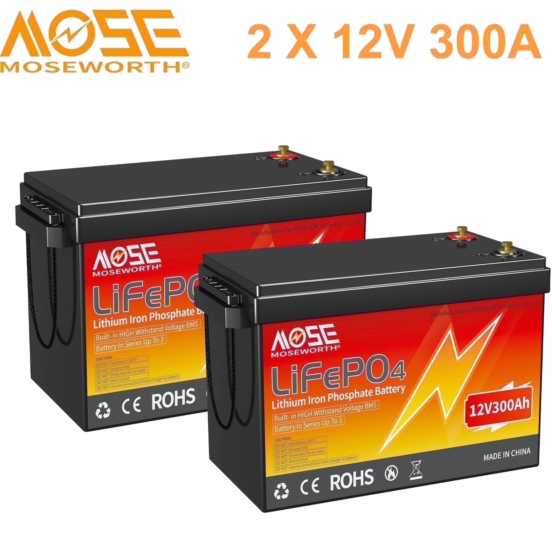 2PACK 12V 300AH Lithium LiFePO4 Battery,MOSEWORTH for RV,Marine,Golf Carts,Solar,Motorhome,Trolling Motor,200A BMS,15000+Deep Cycles,10 Years Lifespan