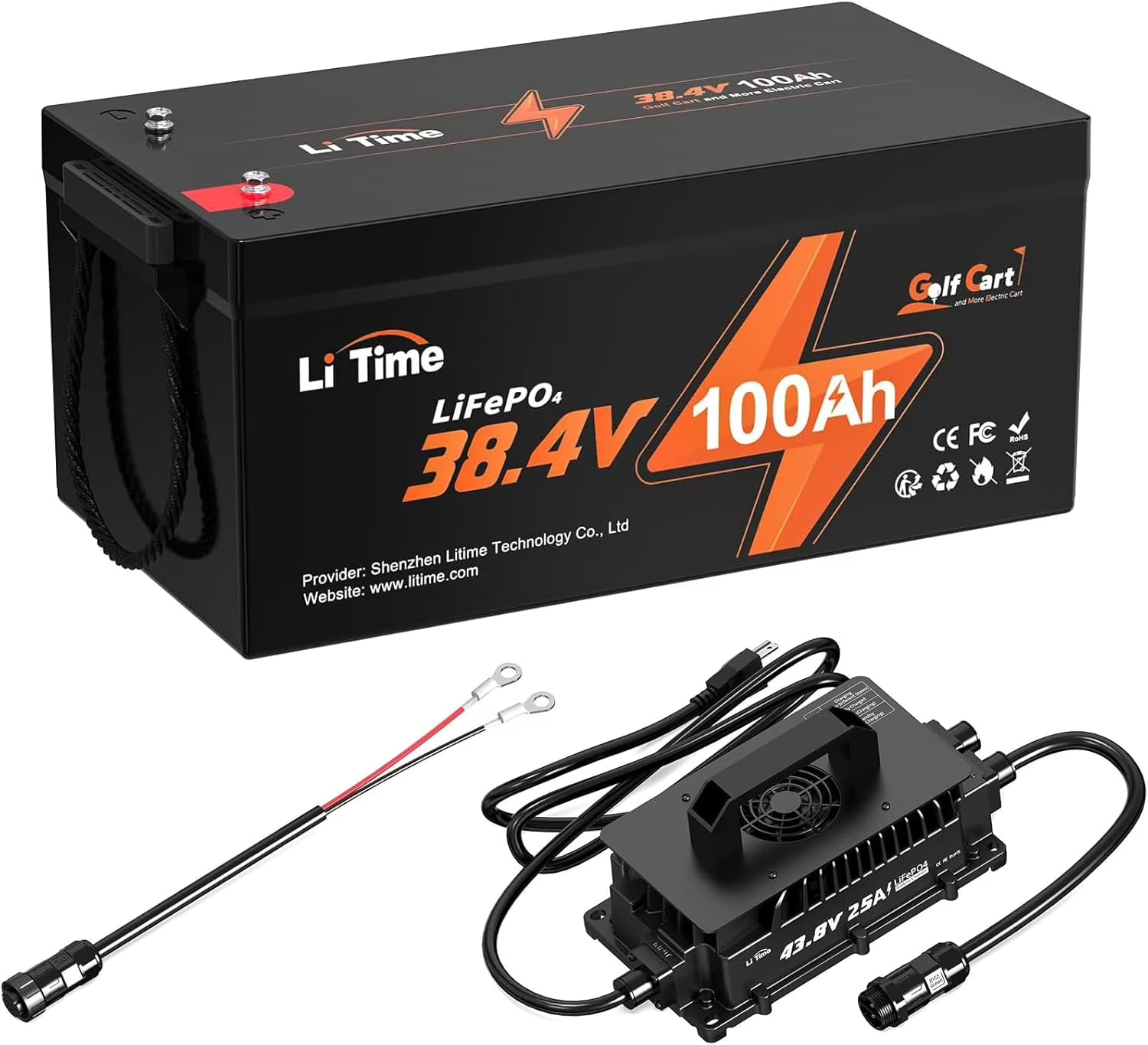 LiTime 36V 100Ah Lithium Golf Cart Battery with 43.8V 25A Charger, Built-in 200A BMS, Deep Cycle LiFePO4 Battery, Support up to 5kW Motor, 7.68kW Peak Power, Perfect for Golf Carts, Outboard Motors