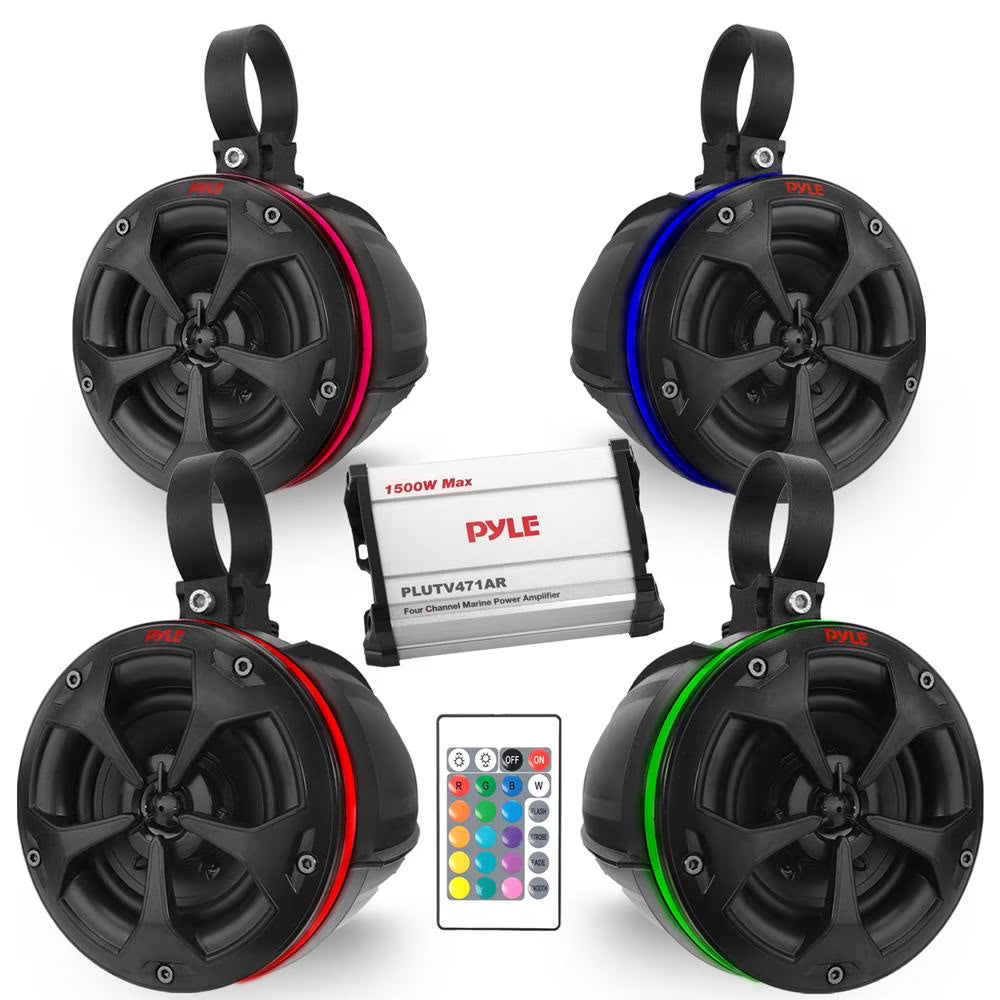Pyle Waterproof off-Road Speakers W/ Amplifier 4 inch 800W 4-Channel Marine Grade Wakeboard System