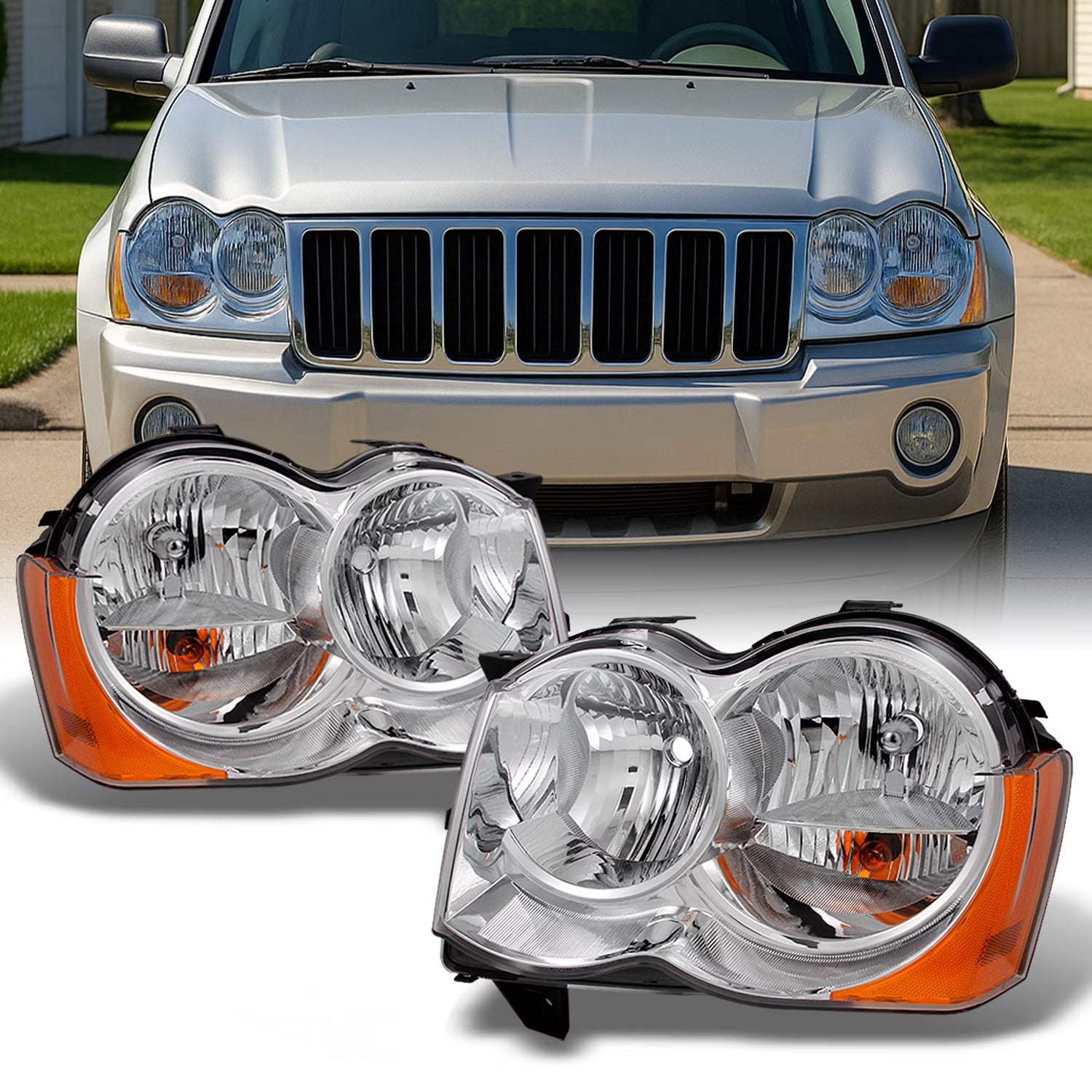 AKKON - For Jeep Grand Cherokee Halogen Type Headlights Head Lamps Driver Left + Passenger Right Replacement