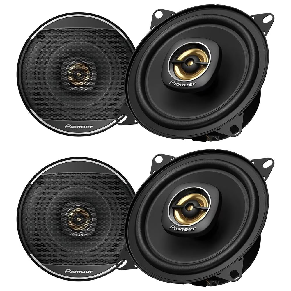 (Pack of 4) PIONEER TS-A1081F, 2-Way Coaxial Car Audio Speakers, Full Range, Clear Sound Quality, Easy Installation and Enhanced Bass Response, Black and Gold Colored 4 Round Speakers