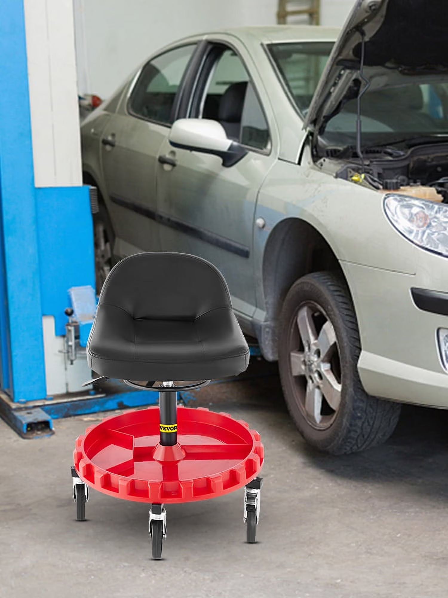 KFFKFF Shop Stool, 400 lbs Rolling Garage Stool Adjustable Height Mobile Rolling Gear Seat, Round Tray Garage Pneumatic Stool, All-Terrain 5  Casters with Two Brakes Mechanic Seat