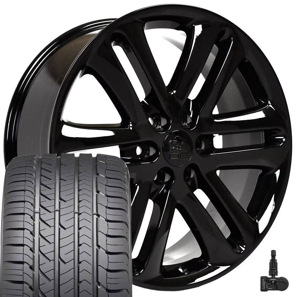 22x9.5 Wheels Fits GMC Chevy Trucks - Silverado DD CV98 Chrome w/Black Goodyear Tires, Lugs, TPMS SET