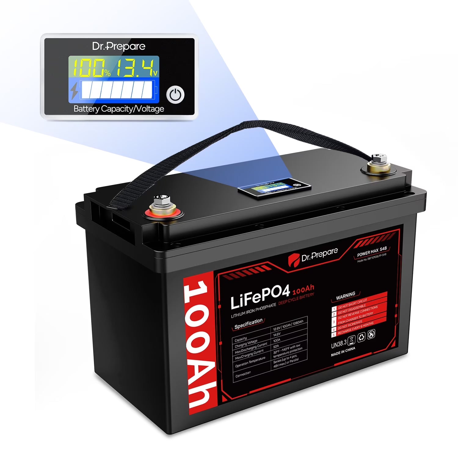 DR.PREPARE 100Ah LiFePO4 Lithium Deep Cycle Battery with LED Screen - Connect In Series for RVs, Boats,Black[10-year Warranty]