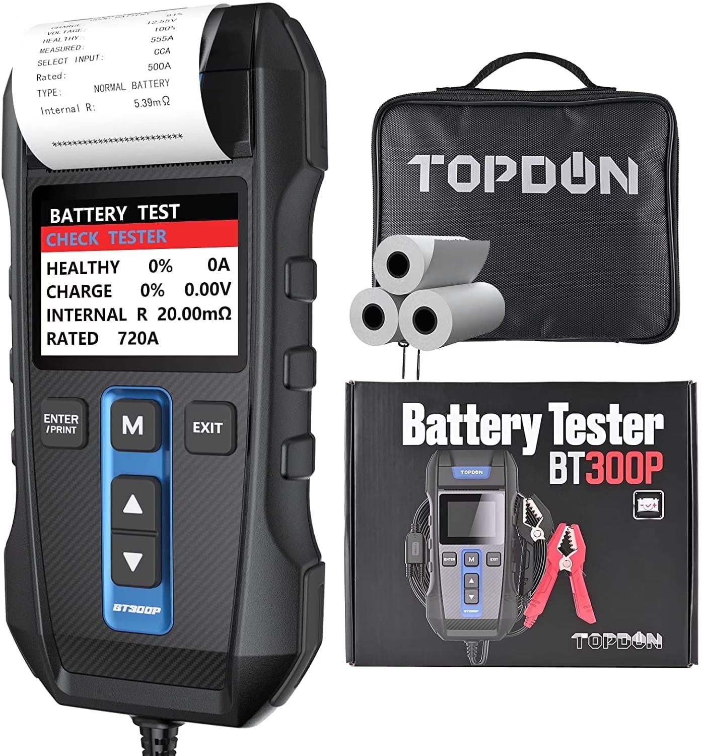 TOPDON BT300P Car Battery Tester 12V 24V 100-2000CCA Lead-Acid Battery, Scan Tool with Built-in Printer, Automatic Reverse Polarity Protection