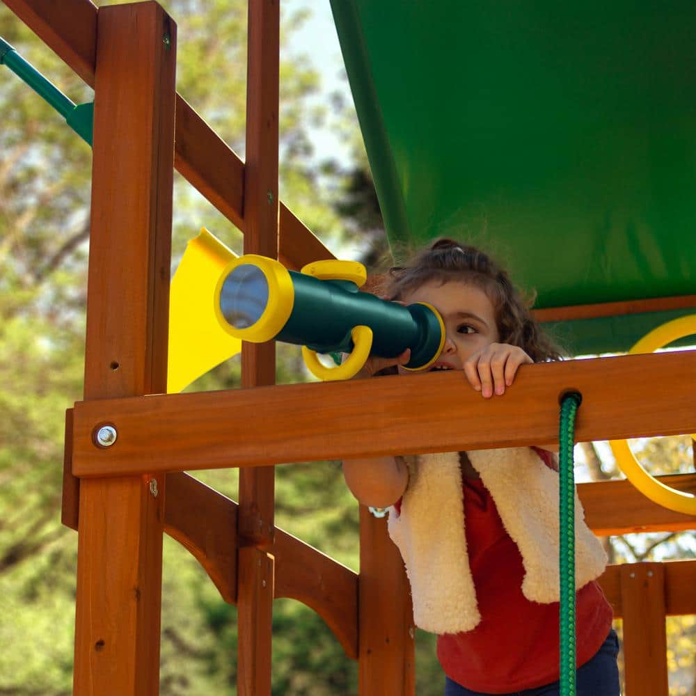 DYI Outing III Wooden Outdoor Playset with Tarp Roof, Rock Wall, Wave Slide, Swings, and Backyard Swing Set Accessories