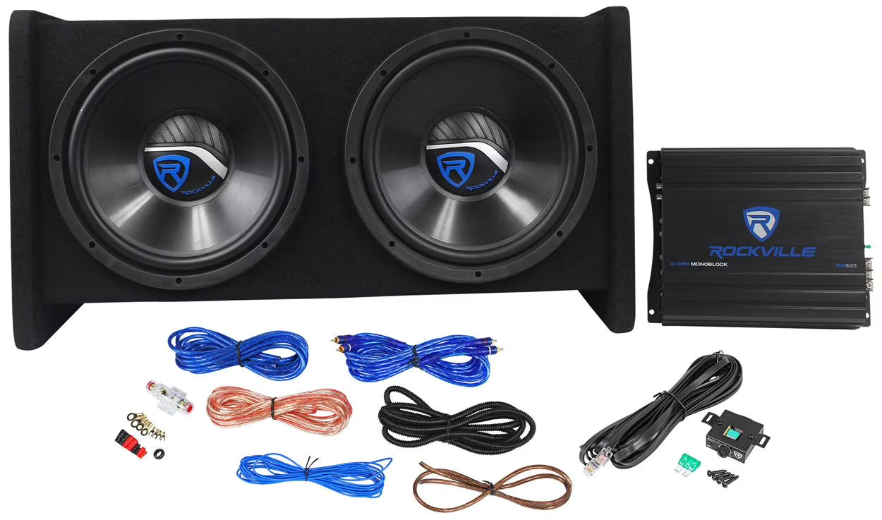 Rockville RV12.2B 1200w Dual 12  Car Subwoofer Enclosure+Mono Amplifier+Amp Kit