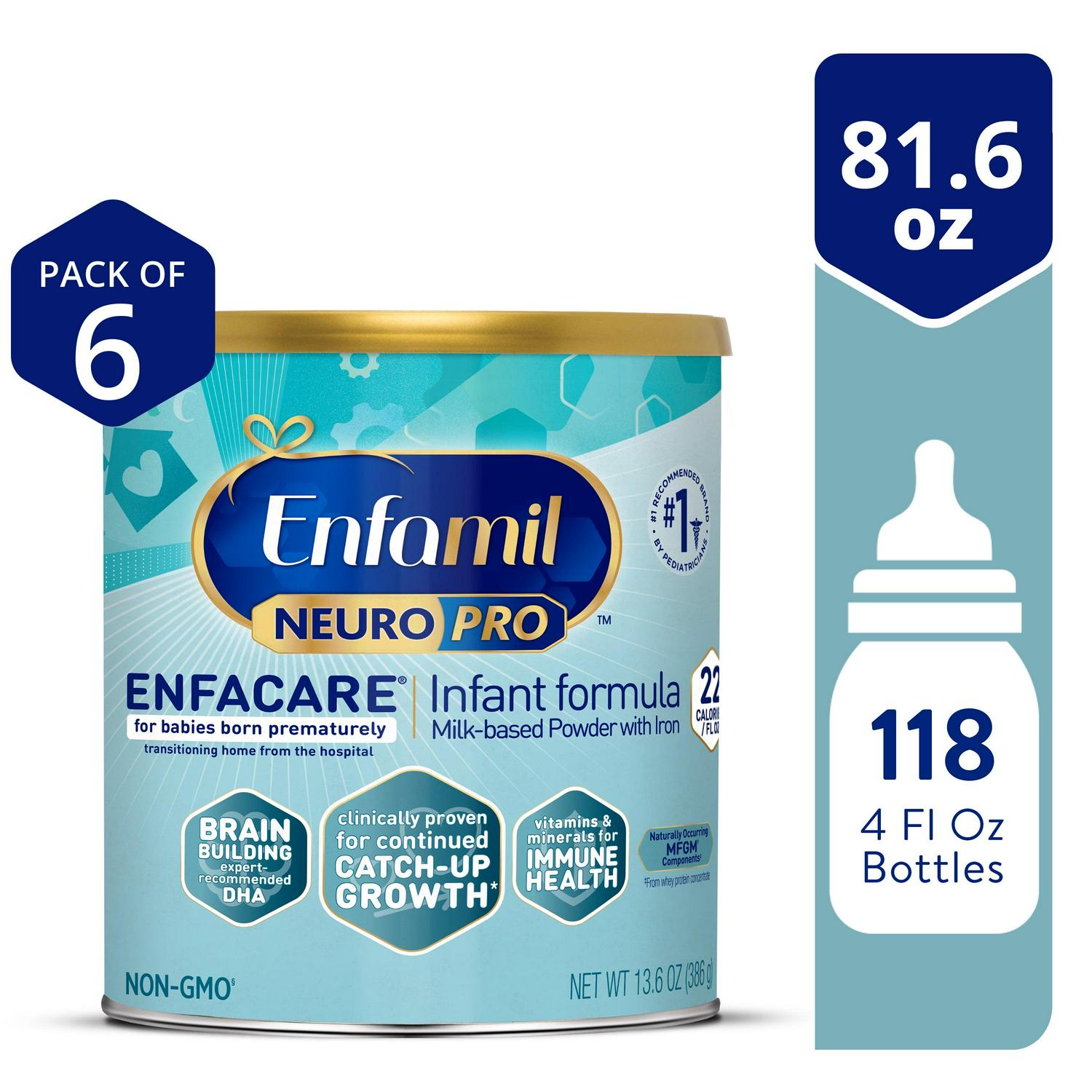 Enfamil NeuroPro EnfaCare Premature Powder Baby Formula with Iron. For Catch-Up Growth. 13.6 Oz Can. 6 Count