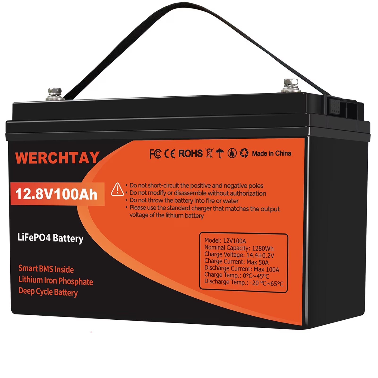 WERCHTAY 12V 100Ah Lithium LiFePO4 Battery 1280Wh 4000-15000 Cycles for RV Marine Solar Off-grid Backup Power