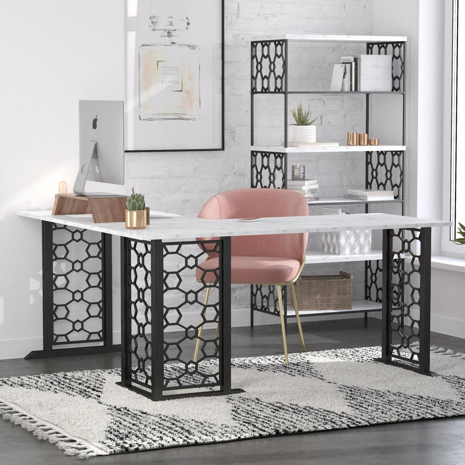 Ella L Desk. White Faux Marble/Black