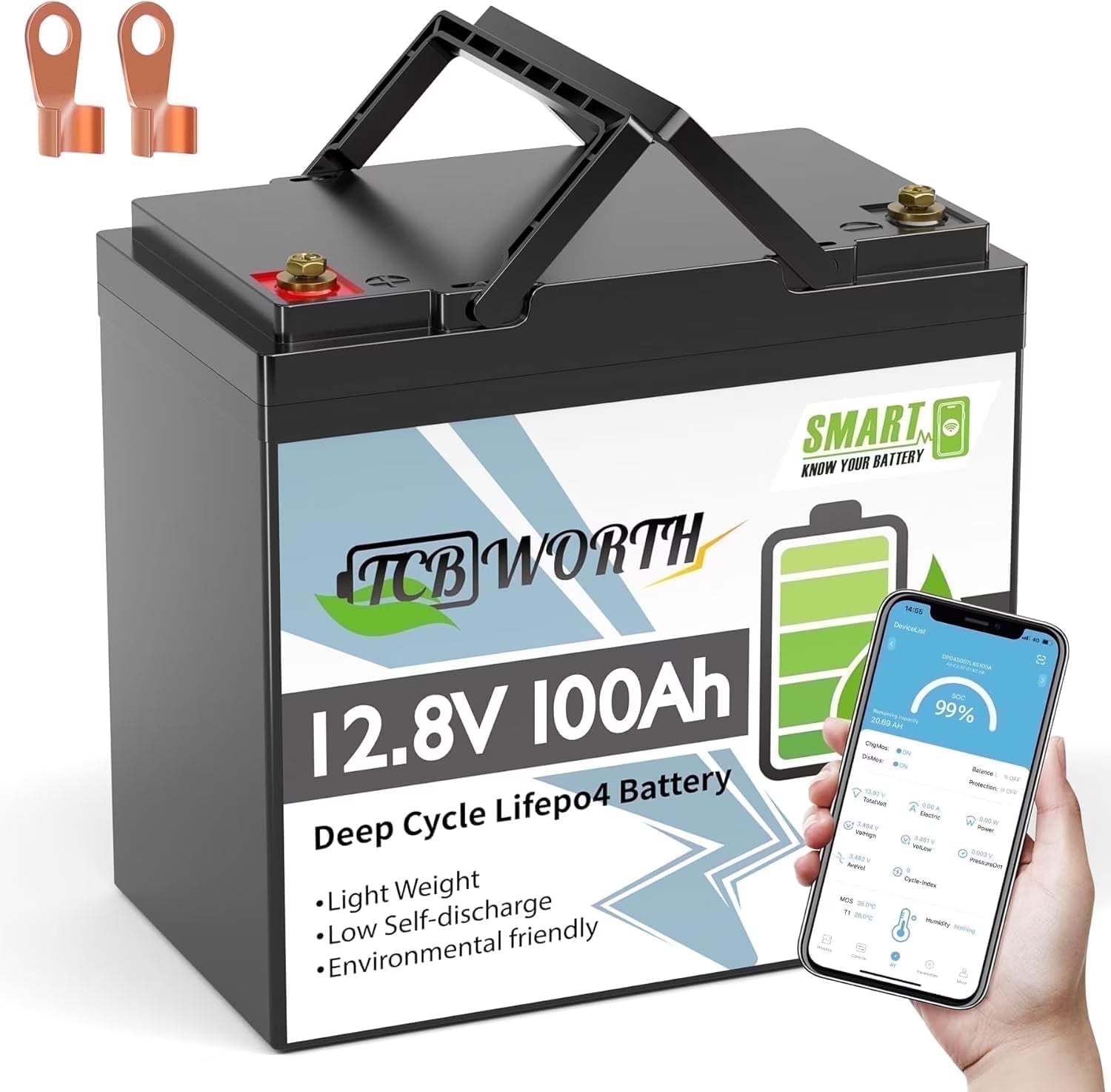12V 100AH Mini LiFePO4 Battery Bluetooth,Lithium Batteries for RV,Solar,Marine,Camping,Trolling Motors,off-Gird,15000+Deep Cycles,TCBWORTH Group 22NF Battery,Smart 100A BMS
