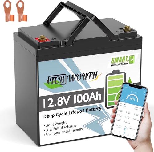 12V 100AH Mini LiFePO4 Battery Bluetooth,Lithium Batteries for RV,Solar,Marine,Camping,Trolling Motors,off-Gird,15000+Deep Cycles,TCBWORTH Group 22NF Battery,Smart 100A BMS