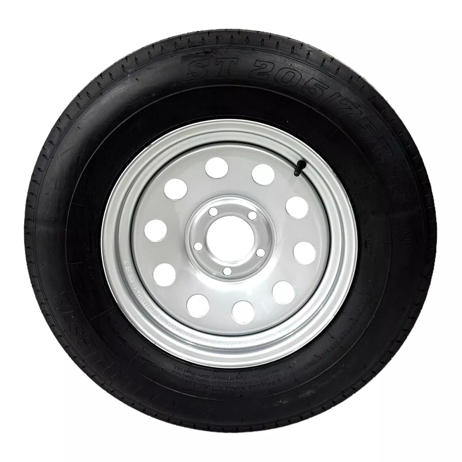 ST205/75R15 TRAILQUEST RADIAL TRAILER TIRE ON RIM, LOAD RANGE C 6 PLY, ON 5 LUG SILVER MODULAR STYLE WHEEL WITH 5X4.5  BOLT PATTERN. REPLACES F78 OR D15 - INCLUDES WARRANTY