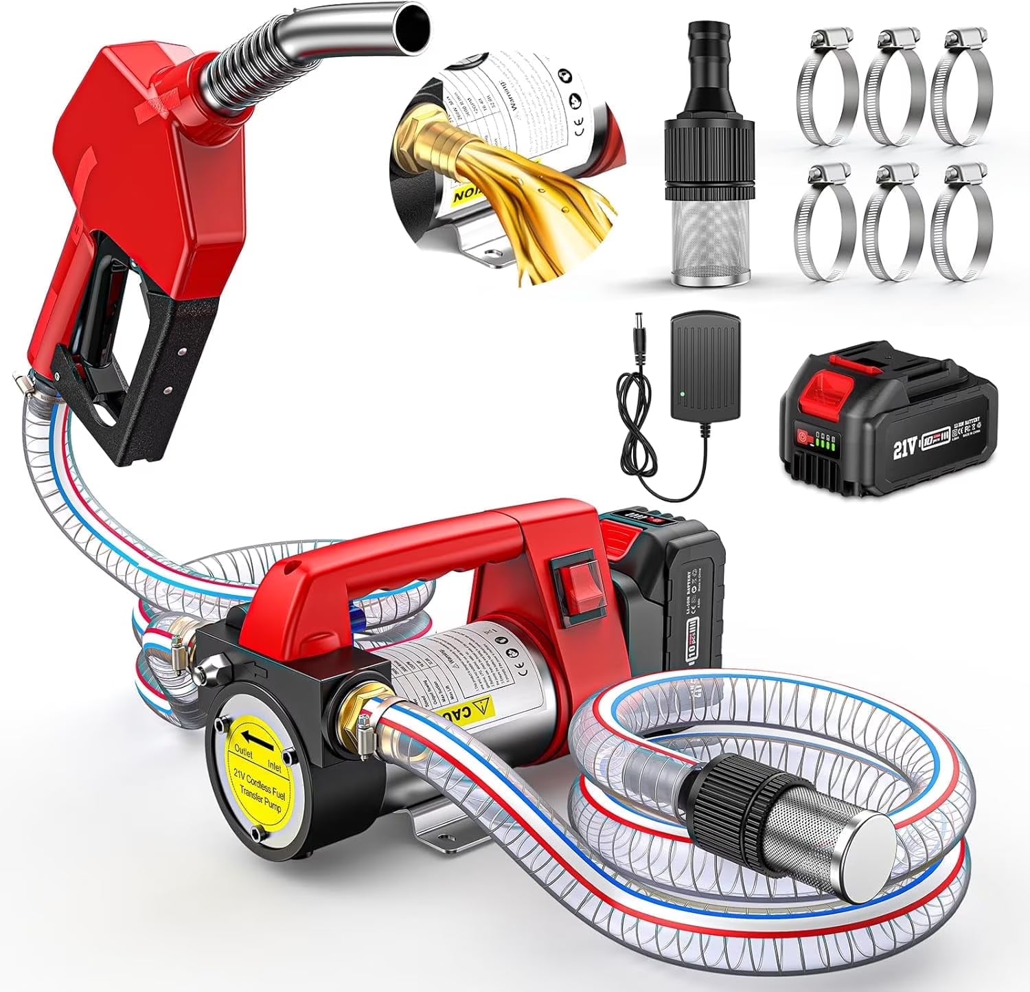TaskStar 260W Fuel Transfer Pump Battery Powered, 12GPM Electric Pump Kit with 21V 4.0Ah Battery & Charger, Portable Cordless Pump with Auto-off Nozzle & 2x 6.6FT Hoses Diesel Kerosene Transfer Pump