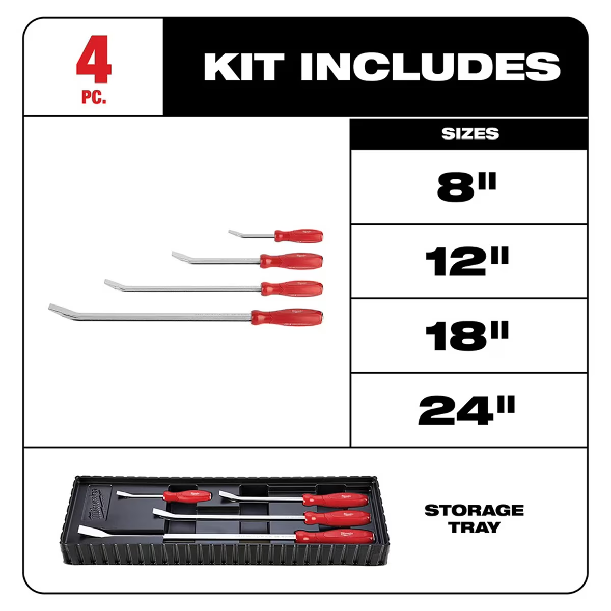 Milwaukee Tool 4-Pc I-Beam All-Metal Core Chrome Finish Pry Bar Set, (8, 12, 18, 24 In.)