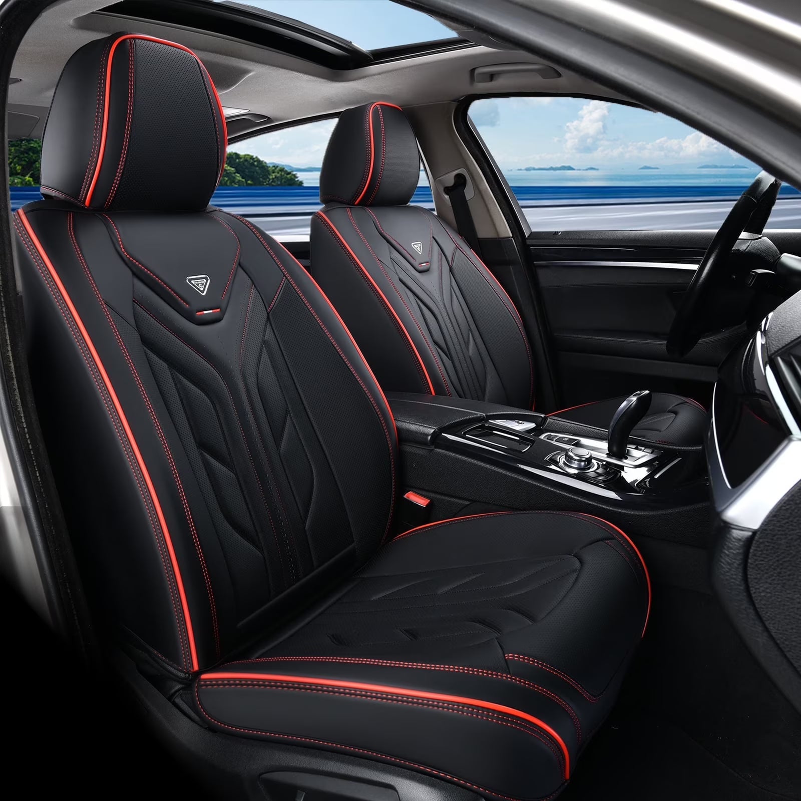 Coverado Front Car Seat Covers, Universal Faux Leather Seat Protectors, Waterproof Cushions Fit for Most Sedans SUV Pick-up, Black&Red