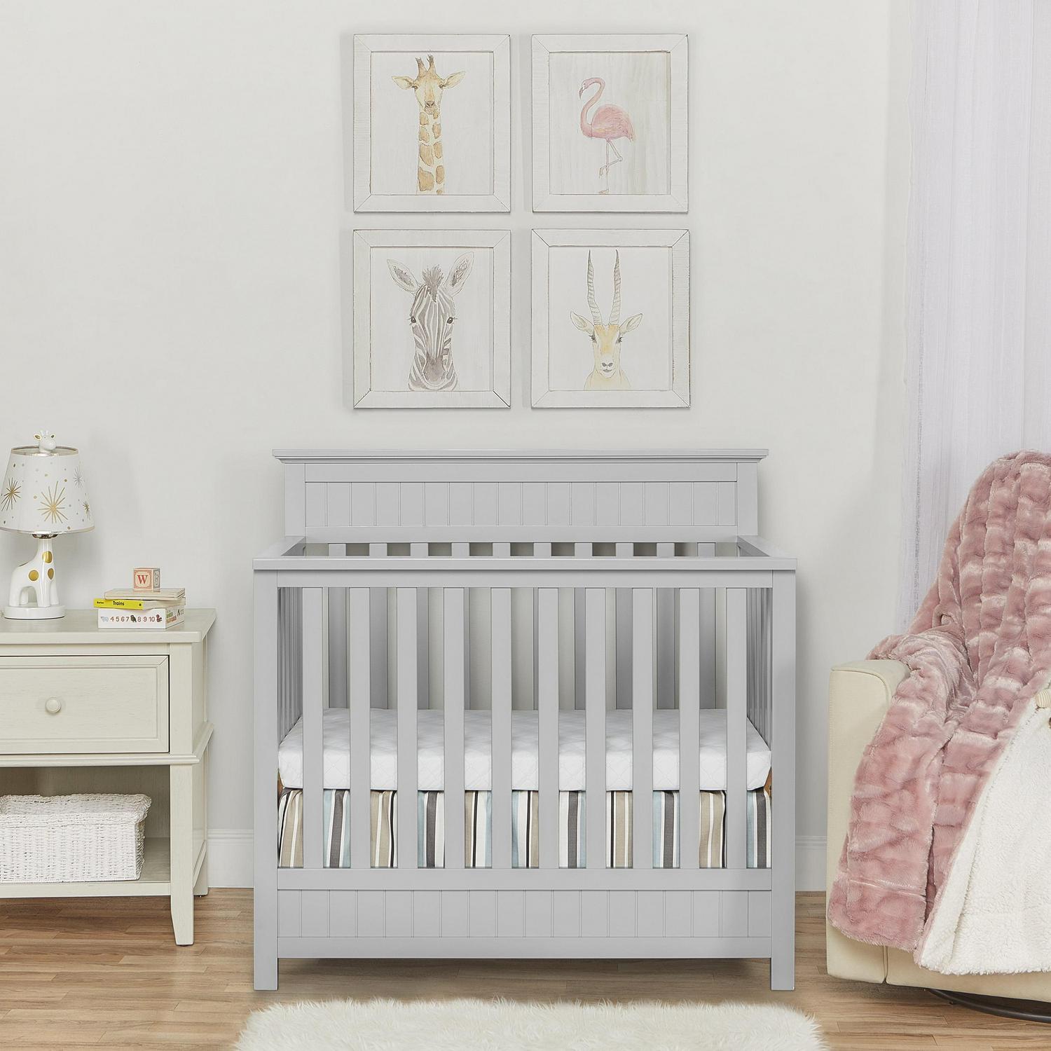 Dream On Me Harbor 4-in-1 Convertible Mini Crib in Pebble Grey. Greenguard Gold Certified